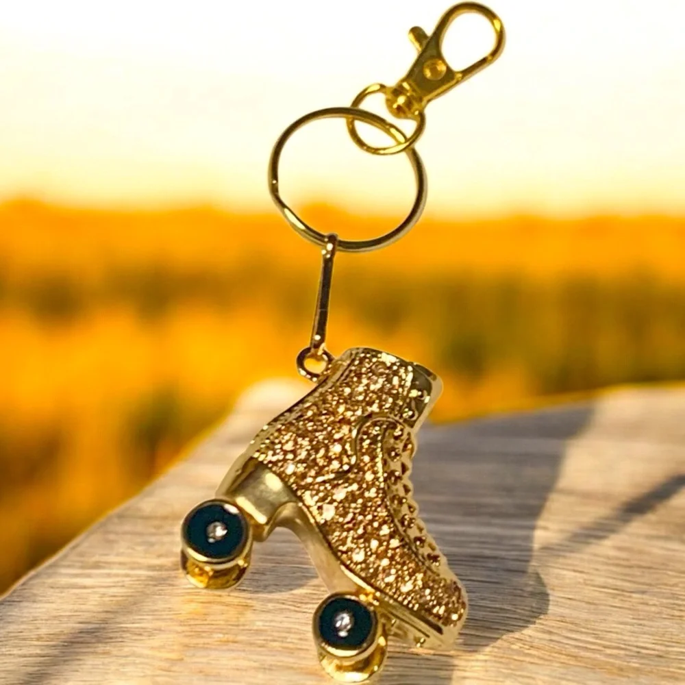Roller Skate Golden Articulating Rhinestone Encrusted Keychain, Toggle Clasp